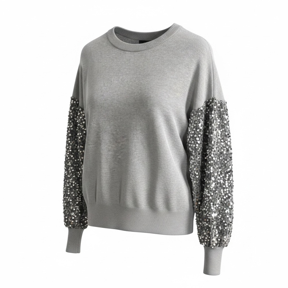 Sequin Sleeve Off-the-Shoulder Sweater in Gray